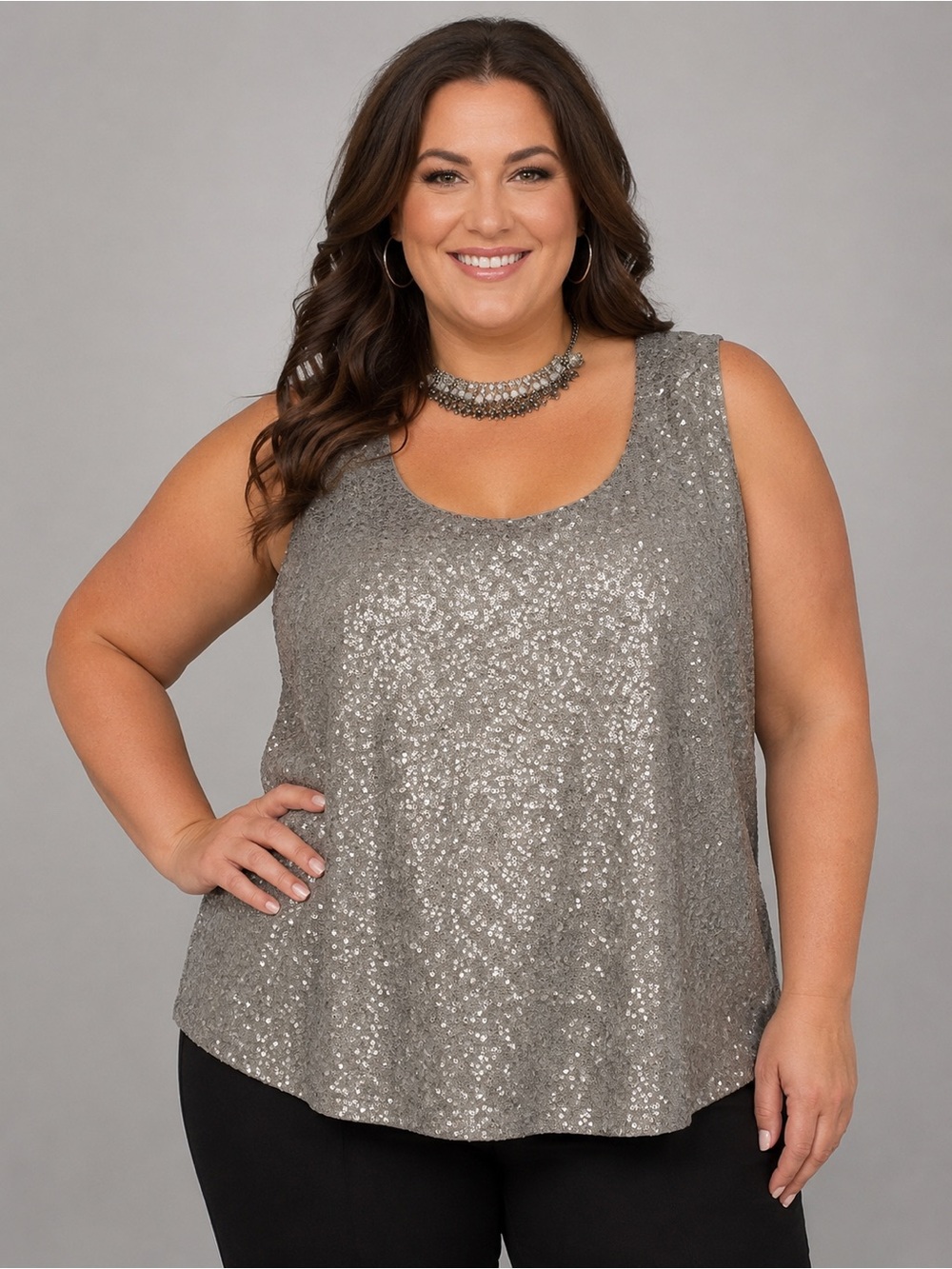 PENNINGTONS Sleeveless Silver Sequin Tank Top, Wave Pattern Back 1X